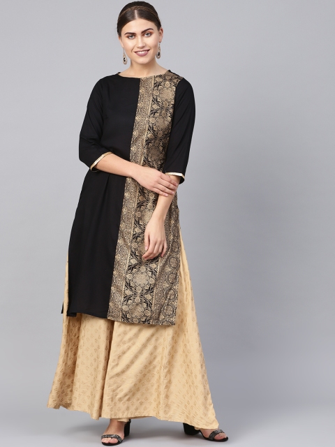 

Juniper Women Black & Golden Foil Print Straight Kurta