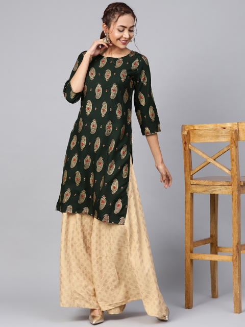 

Juniper Women Green & Golden Foil Print Straight Kurta
