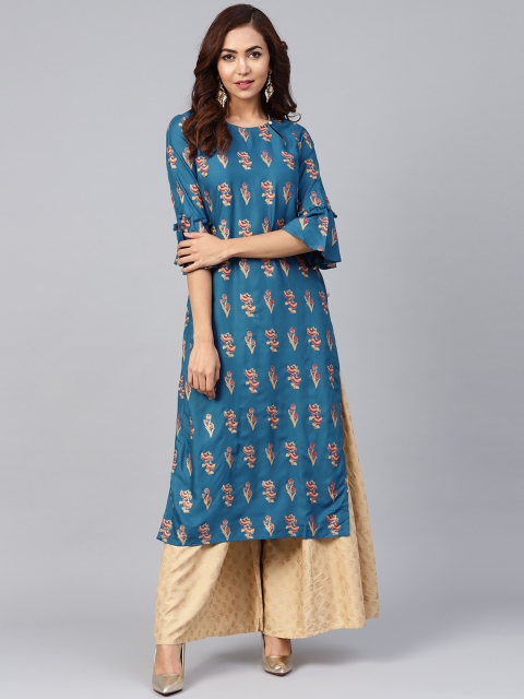 

Juniper Women Teal Blue & Beige Floral Print Straight Kurta