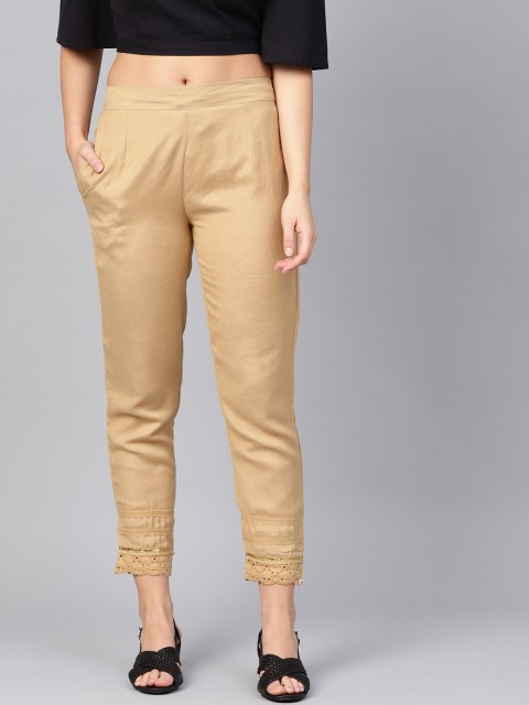 

Juniper Women Beige Smart Slim Fit Solid Cropped Cigarette Trousers
