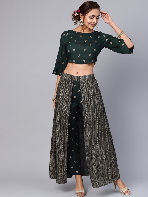 

Juniper Women Green & Golden Printed Crop Top and Skirt with Attached Trousers