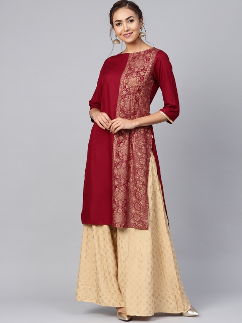 

Juniper Women Maroon & Golden Foil Print Straight Kurta