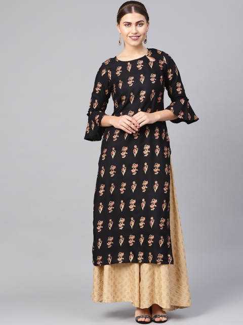 

Juniper Women Black & Pink Foil Print Straight Kurta