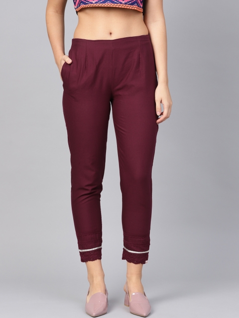 

Juniper Women Burgundy Smart Slim Fit Solid Cropped Cigarette Trousers
