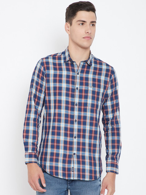 

Monte Carlo Men Blue & Rust Orange Slim Fit Checked Casual Shirt
