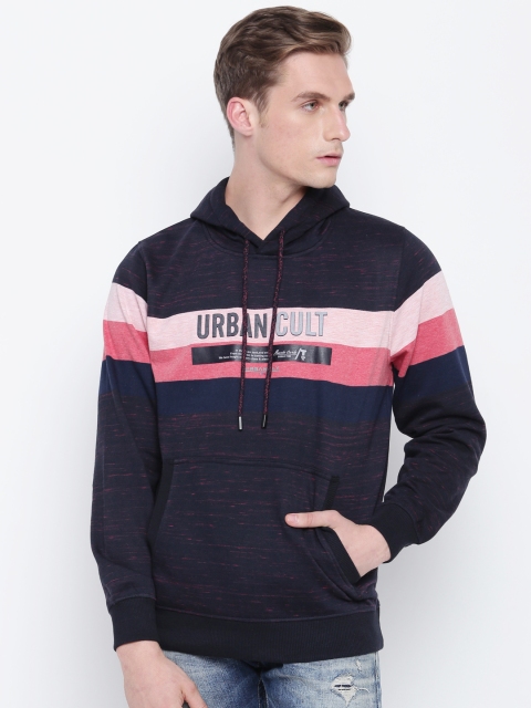 

Monte Carlo Men Navy Blue & Pink Striped Hooded Sweatshirt