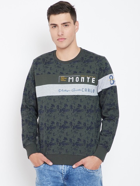 

Monte Carlo Men Olive Green & Navy Blue Self-Design Sweatshirt