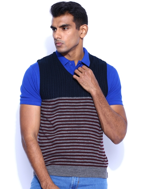 

Peter England Navy & Grey Striped Sleeveless Sweater, Navy blue