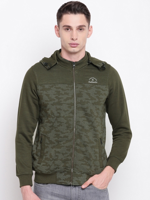 

Monte Carlo Men Olive Green & Grey Printed Hooded Sweatshirt