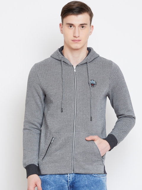 

Monte Carlo Men Charcoal Grey & White Herringbone Patterned Hooded Sweatshirt