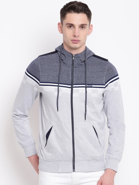 

Monte Carlo Men Grey Melange & Navy Blue Colourblocked Hooded Sweatshirt
