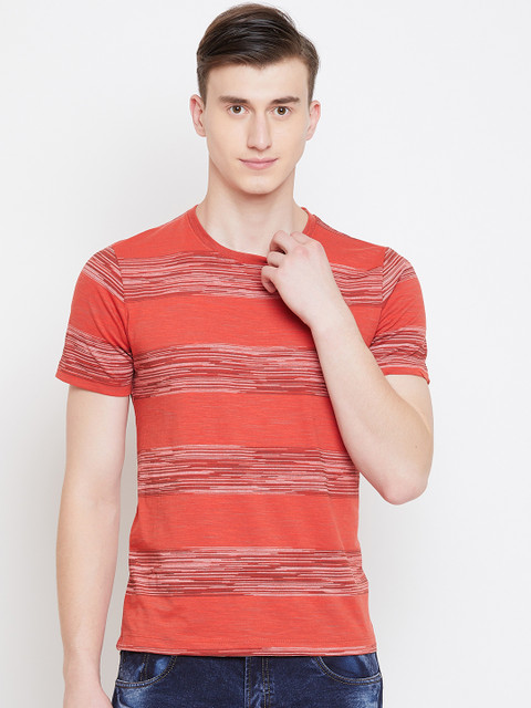 

Monte Carlo Men Rust Red Striped Round Neck T-shirt