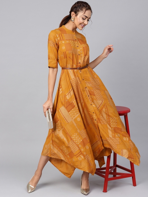 

Juniper Women Mustard Yellow & Maroon Printed Maxi Dress