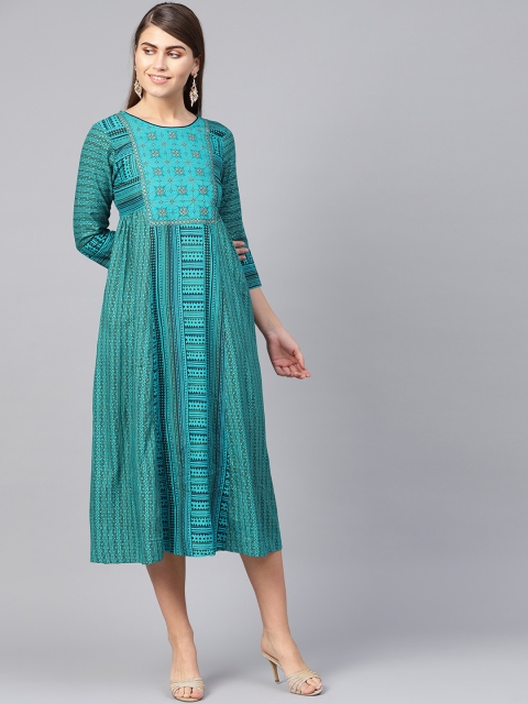 

Juniper Women Green & Black Printed A-Line Dress, Blue