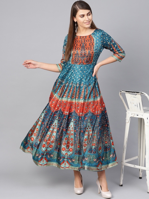 

Juniper Women Teal Blue & Orange Satin Finish Printed Maxi Dress