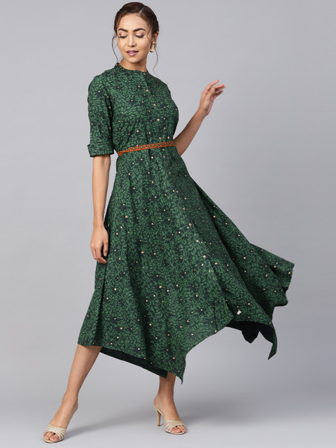 

Juniper Women Green & Golden Floral Printed Maxi Dress
