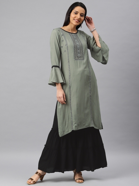 

Kvsfab Women Grey & Black Embroidered Kurta with Sharara