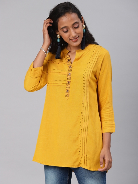 

Kvsfab Women Mustard Yellow Embroidered Straight Kurti