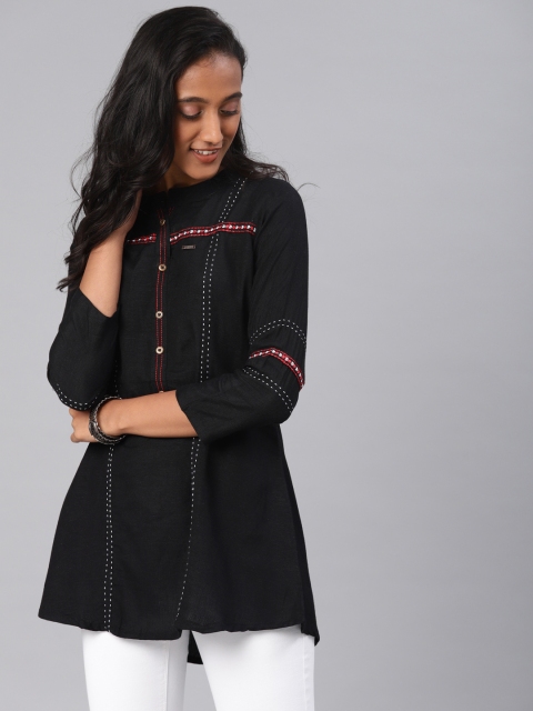 

Kvsfab Women Black Embroidered A-Line Kurti