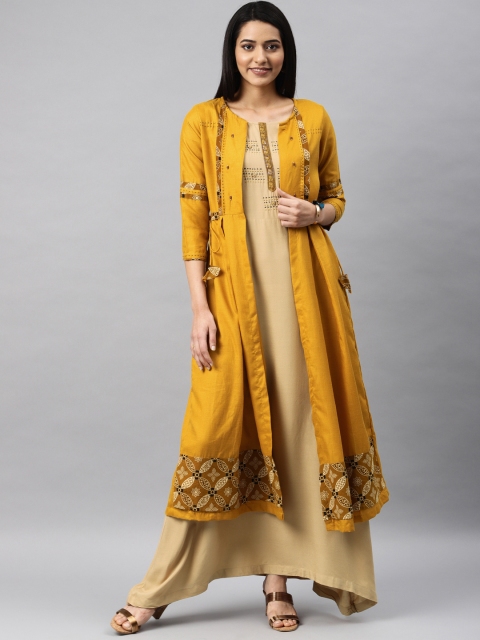 

Kvsfab Women Beige & Mustard Embroidered A-Line Layered Kurta
