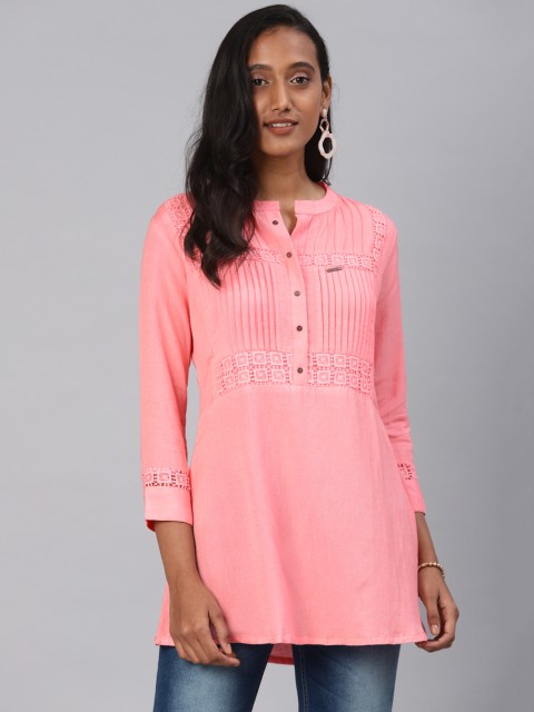

Kvsfab Women Coral Pink Yoke Design A-Line Kurti