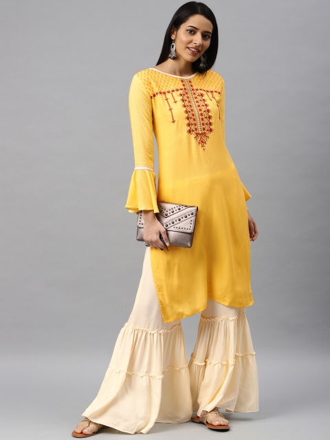 

Kvsfab Women Yellow & Cream-Coloured Yoke Design Kurta with Sharara