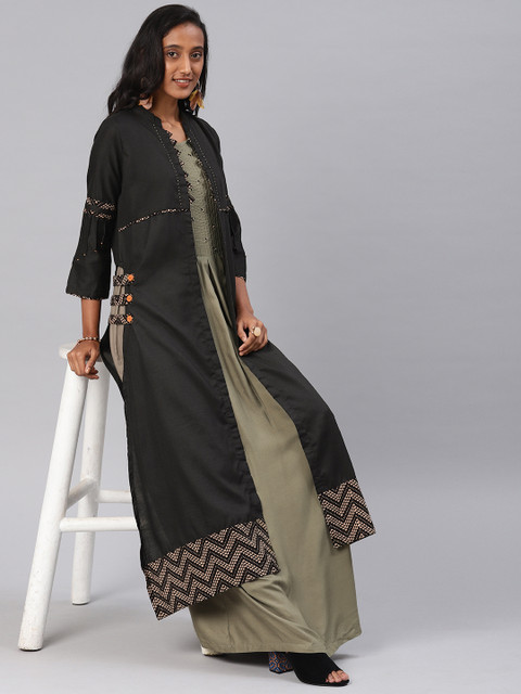 

Kvsfab Women Grey & Black Yoke Design A-Line Layered Kurta & Ethnic Jacket