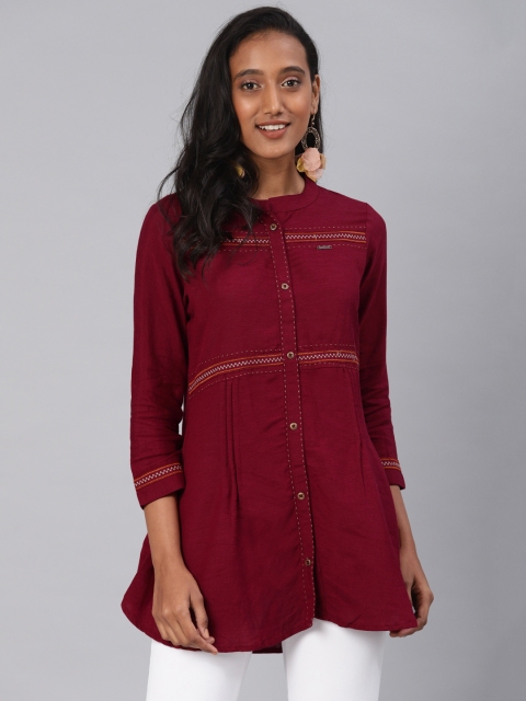 

Kvsfab Women Maroon Embroidered A-Line Kurti