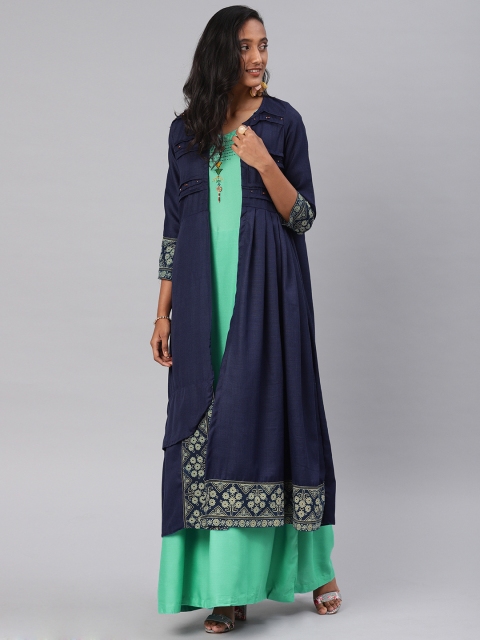 

Kvsfab Women Green & Navy Blue Yoke Design A-Line Layered Kurta & Ethnic Jacket