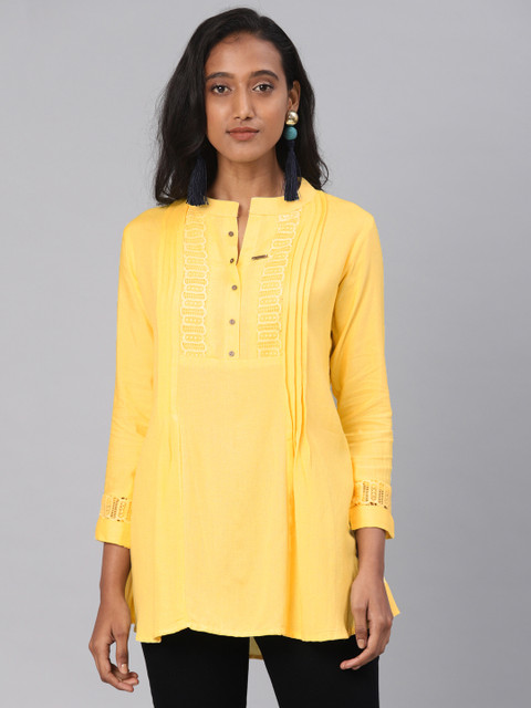 

Kvsfab Women Yellow Yoke Design A-Line Kurti