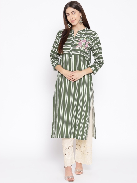 

Geelove Women Olive Green & Cream-Coloured Striped Kurta with Palazzos