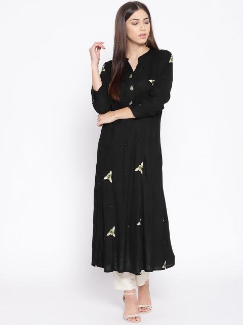 

Geelove Women Black & Beige Floral Embroidered A-Line Kurta