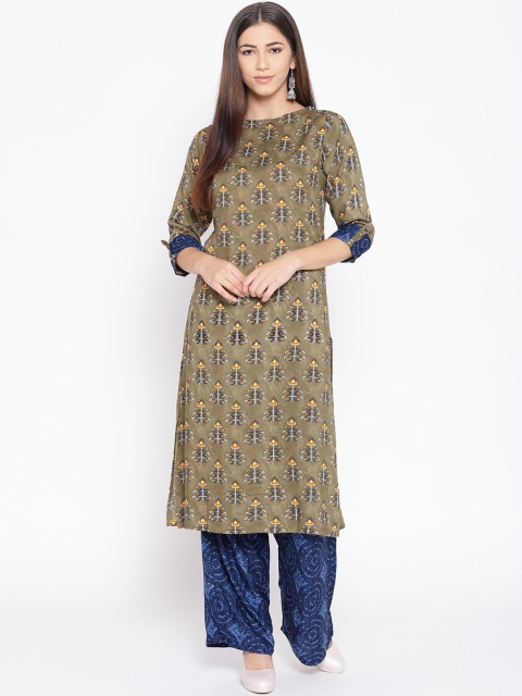 

Geelove Women Olive Green & Blue Printed Kurta with Palazzos