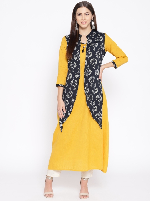 

Geelove Women Yellow & Navy Blue Printed Layered A-Line Kurta, Mustard