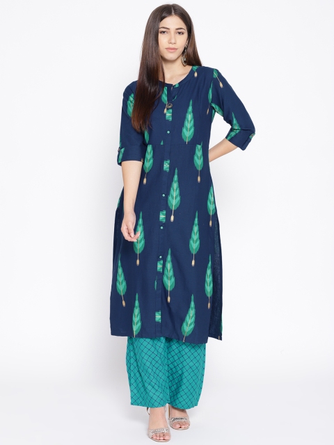 

Geelove Women Navy Blue & Sea Green Printed Kurta with Palazzos