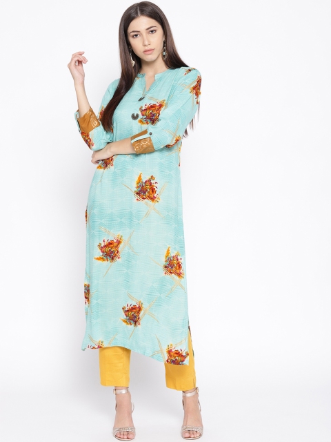 

Geelove Women Blue & Mustard Yellow Printed Kurta with Trousers