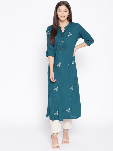 

Geelove Women Teal Blue Embroidered A-Line Kurta
