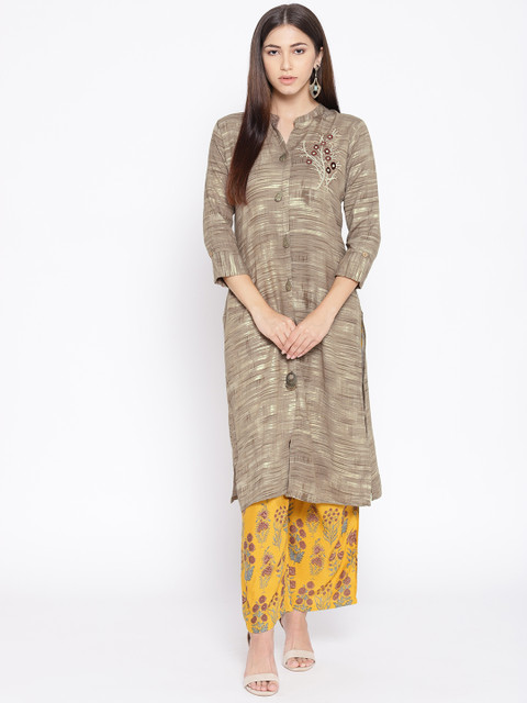 

Geelove Women Taupe & Mustard Yellow Self Design Kurta with Palazzos