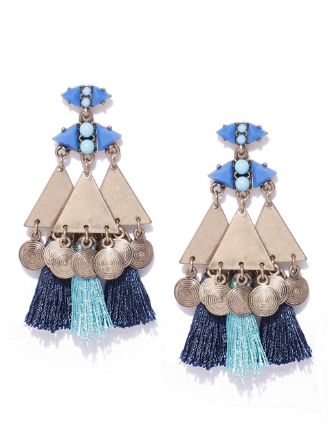 

Bellofox Blue Gold-Plated Stone-Studded & Beaded Tasselled Drop Earrings