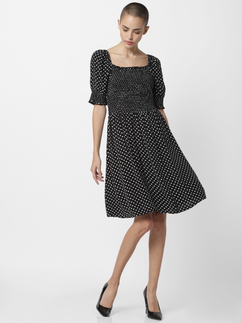 

ONLY Women Black & White Polka Dots Printed Fit and Flare Dress