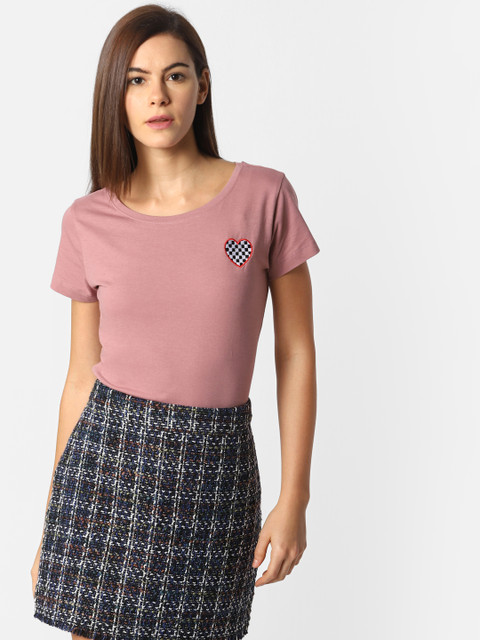 

ONLY Women Pink Solid Round Neck T-shirt
