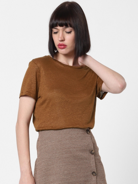 

ONLY Women Brown Solid Linen Round Neck T-shirt