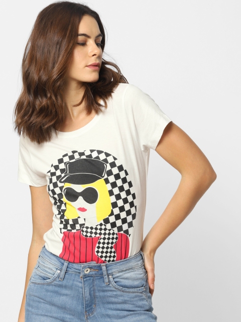 

ONLY Women White Printed Round Neck T-shirt