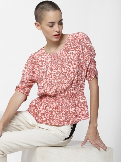 

ONLY Women Red & White Floral Print Cinched Waist Top