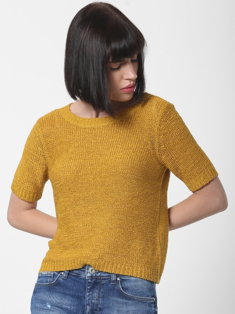 

ONLY Women Mustard Yellow Self Design Sweater