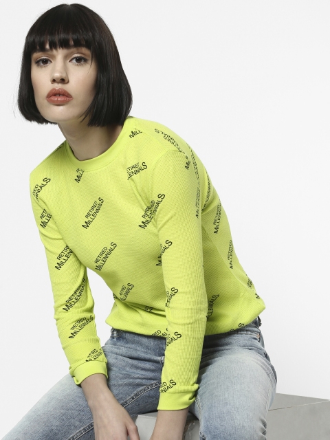 

ONLY Women Fluorescent Green Printed Slim Fit Round Neck Pure Cotton T-shirt