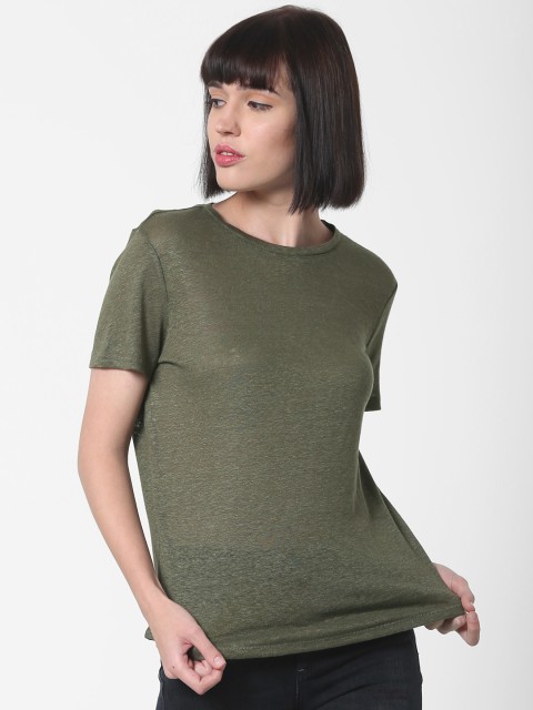 

ONLY Women Olive Green Solid Round Neck T-shirt