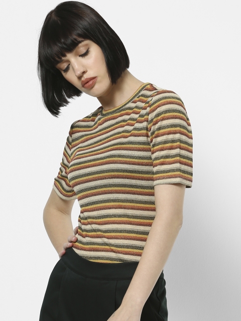 

ONLY Women Black & Off-White Striped Round Neck T-shirt