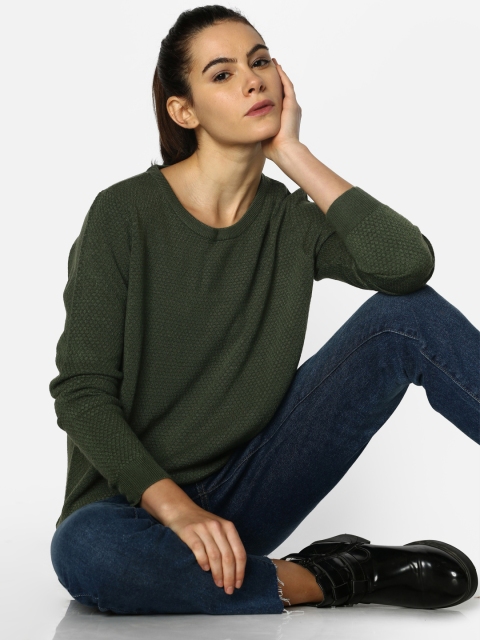 

ONLY Women Olive Green Self Design Pullover Sweater