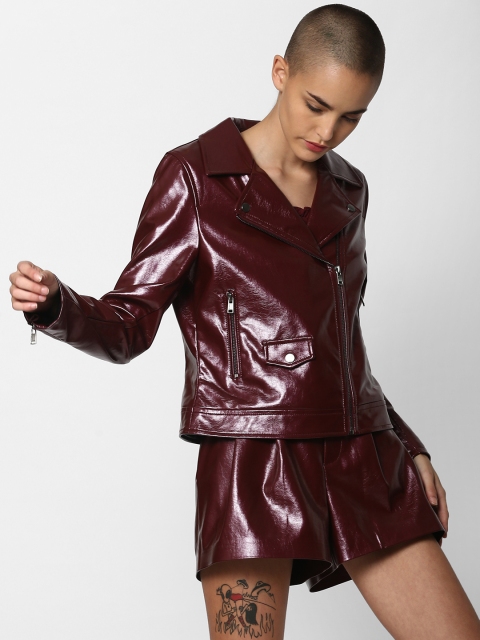 

ONLY Women Burgundy Solid Biker Jacket